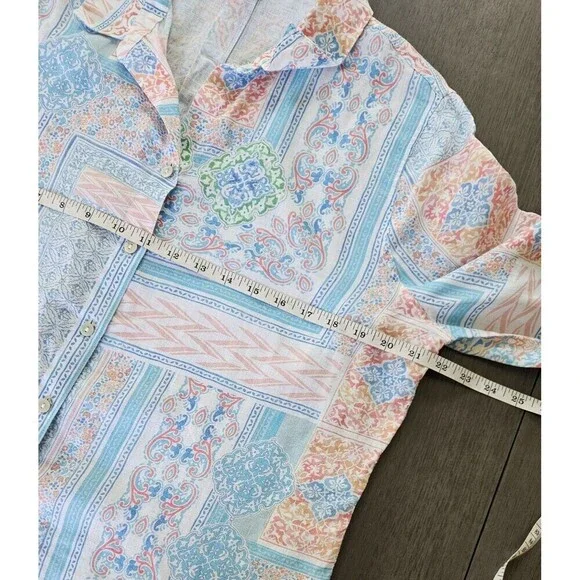 Chico's No Iron 100% Linen Button Up Top Sz 2 (12) Pastel Patchwork Bohemian - Picture 3 of 7